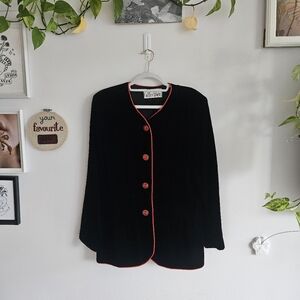 Vintage 80's Velour JS Collections Coat With Jewel Red Buttons & Trim